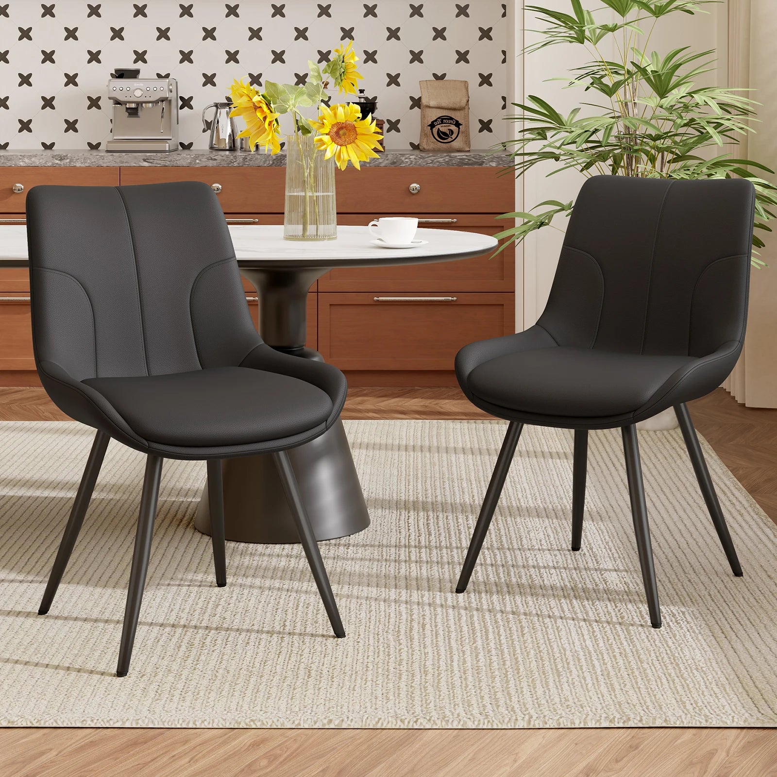 Upholstered Dining Chairs Set of 2 Modern Faux Leather Dining Room Chairs with Thick Cushion