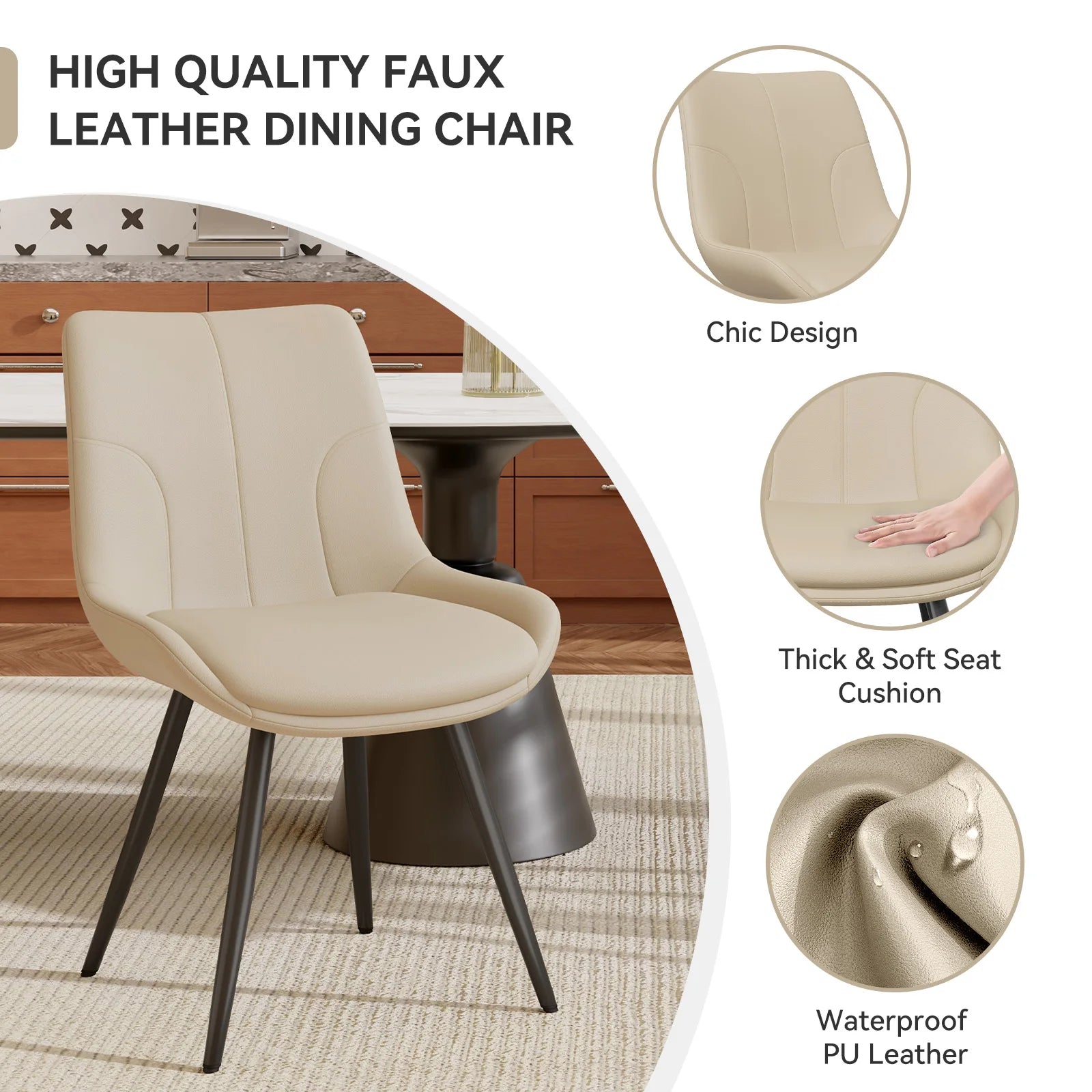 Upholstered Dining Chairs Set of 2 Modern Faux Leather Dining Room Chairs with Thick Cushion
