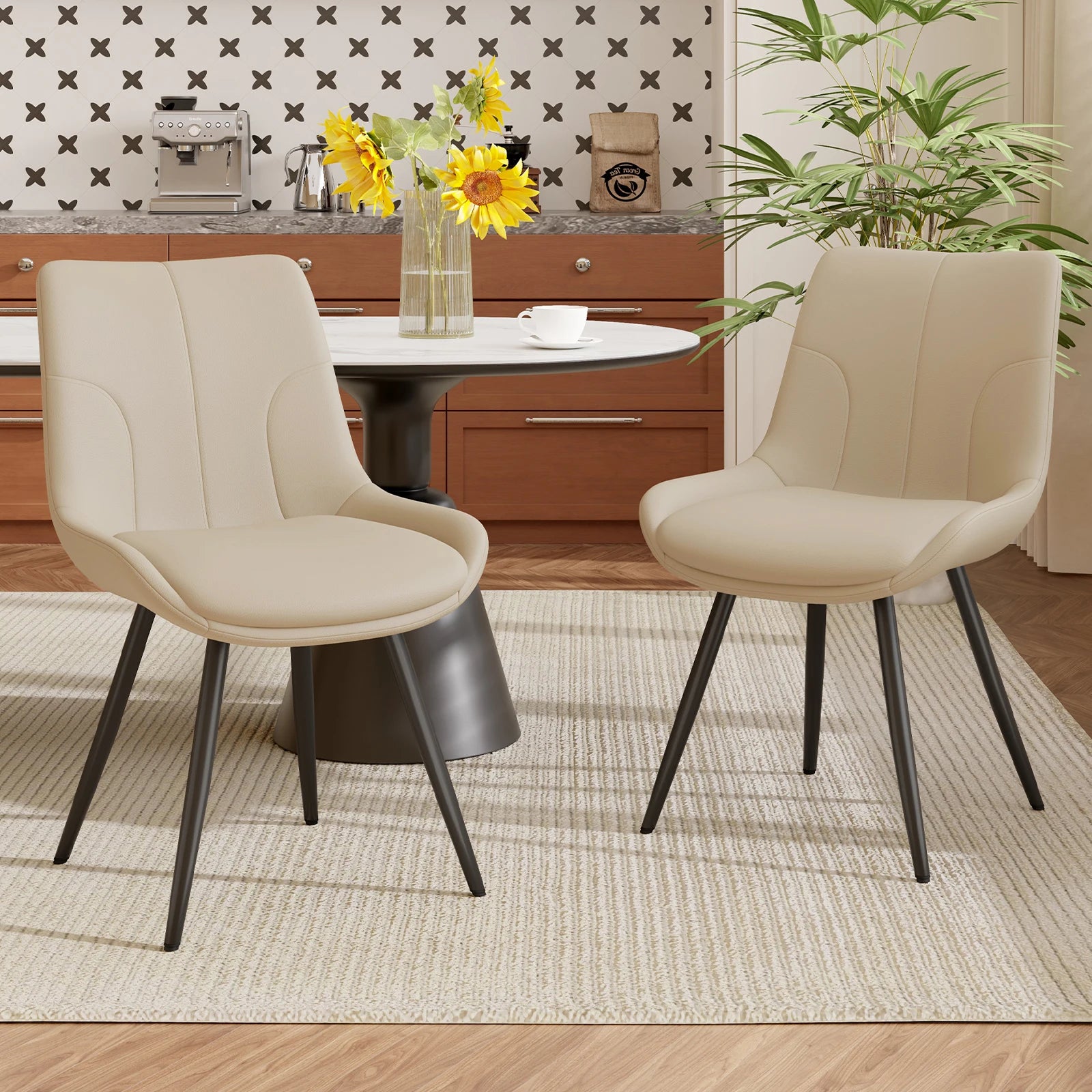 Upholstered Dining Chairs Set of 2 Modern Faux Leather Dining Room Chairs with Thick Cushion