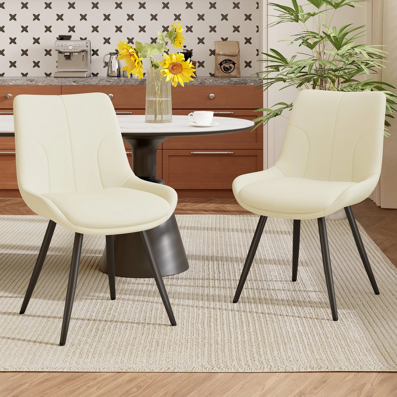 Upholstered Dining Chairs Set of 2 Modern Faux Leather Dining Room Chairs with Thick Cushion