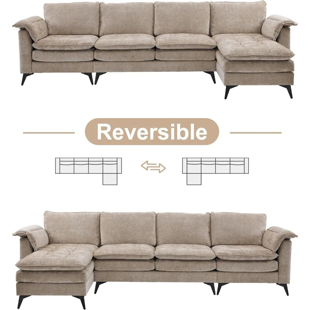 129” Oversized L-Shaped Cloud Sectional Sofa, Memory Foam Couch with Reversible Chaise Lounge