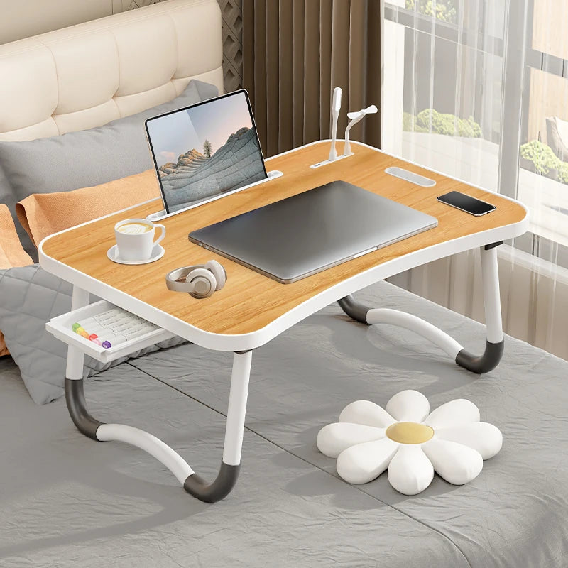 Portable Laptop Desk with USB Light, Small Fan, Cup Holder, Tablet Slot, and Lifting Handle - Foldable