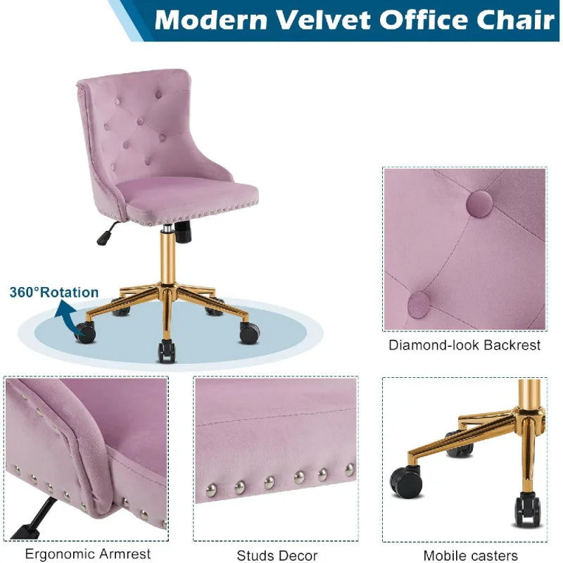 Mauve Purple Armless Home Office Desk Chair with Gold Base/Wheels, Small Cute Vanity/Makeup Chair