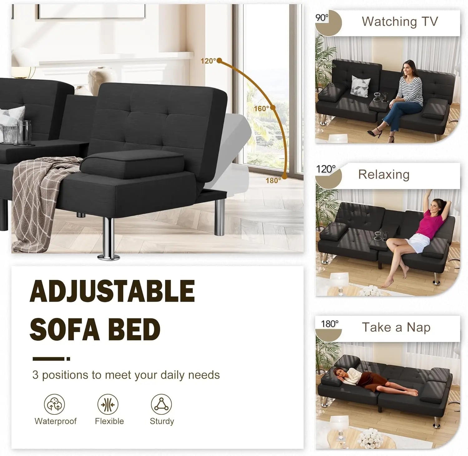 Modern Linen Upholstered Convertible Folding Futon Sofa Bed with Removable Armrests, Metal Legs