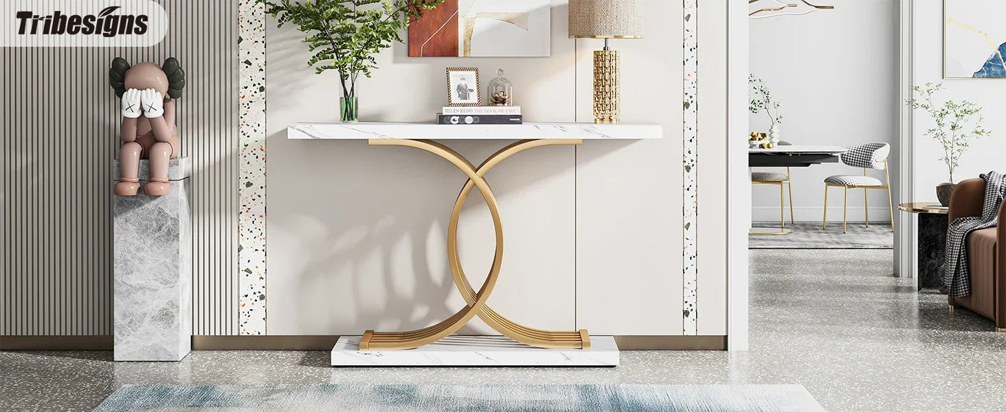 Tribesigns Gold Entryway Table, Modern 39-Inch Console Faux Marble Narrow Wood Sofa with Geometric