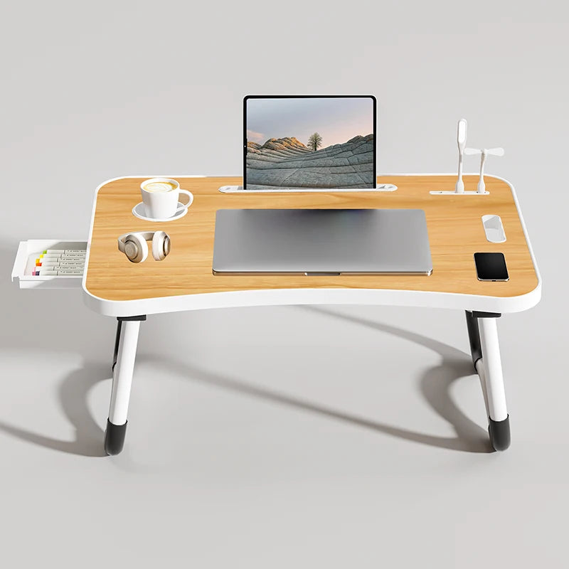 Portable Laptop Desk with USB Light, Small Fan, Cup Holder, Tablet Slot, and Lifting Handle - Foldable