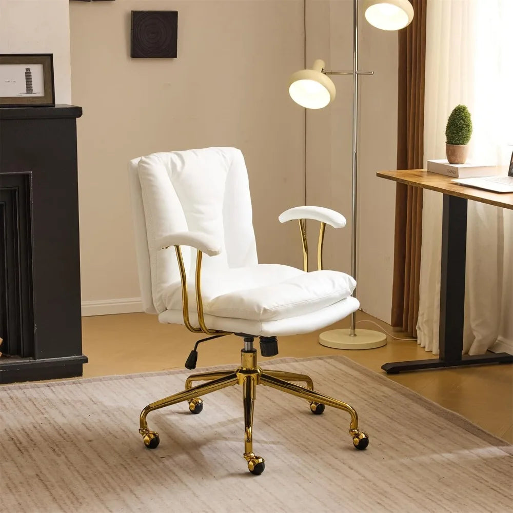 Home Office Desk Chair Comfy with Wheels & Removable Armrests,Gold Base Vanity Chair with Back