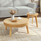 Farmhouse Round Coffee Table Set of 3, Boho Nesting Sofa & Side Tables – Natural Wood Finish