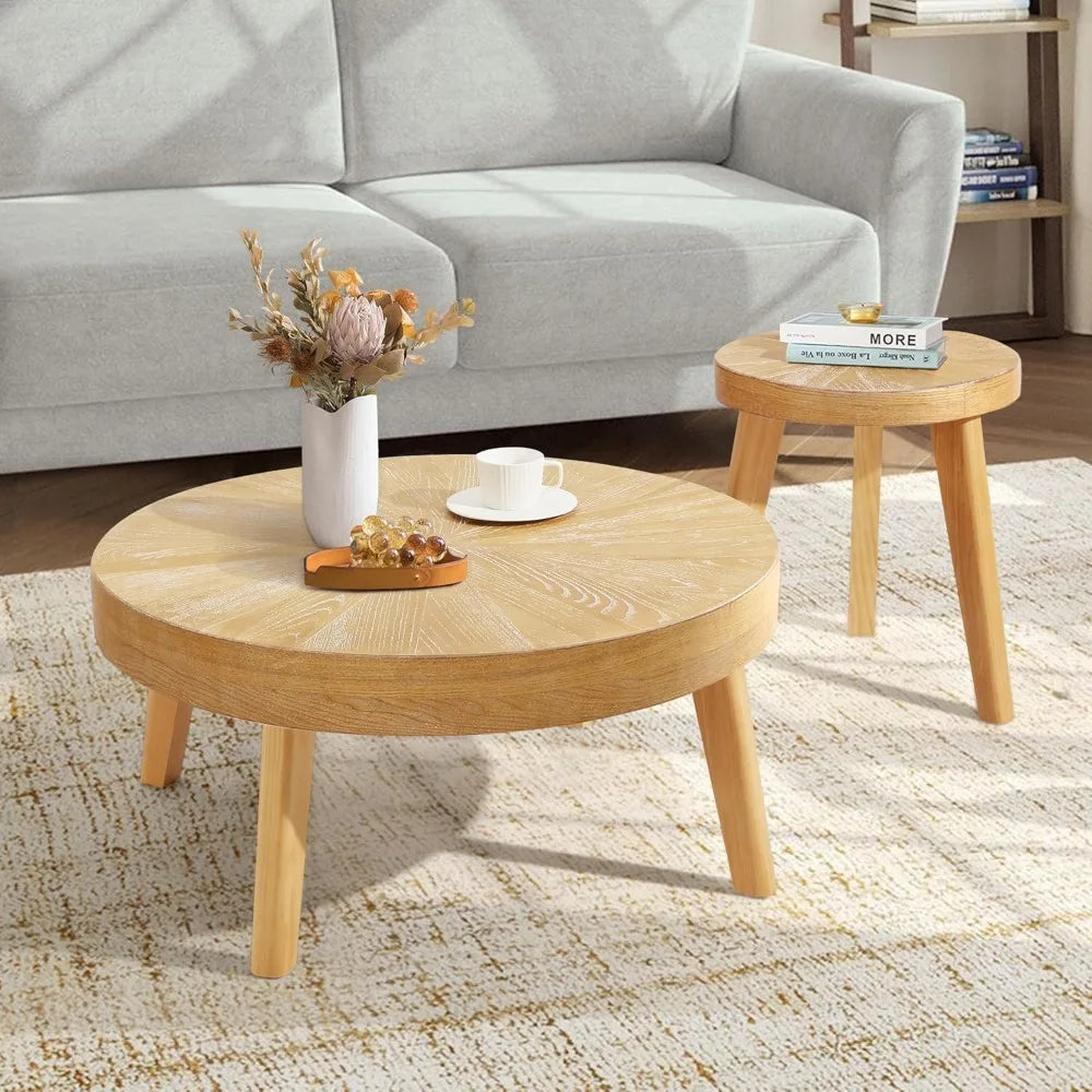 Farmhouse Round Coffee Table Set of 3, Boho Nesting Sofa & Side Tables – Natural Wood Finish