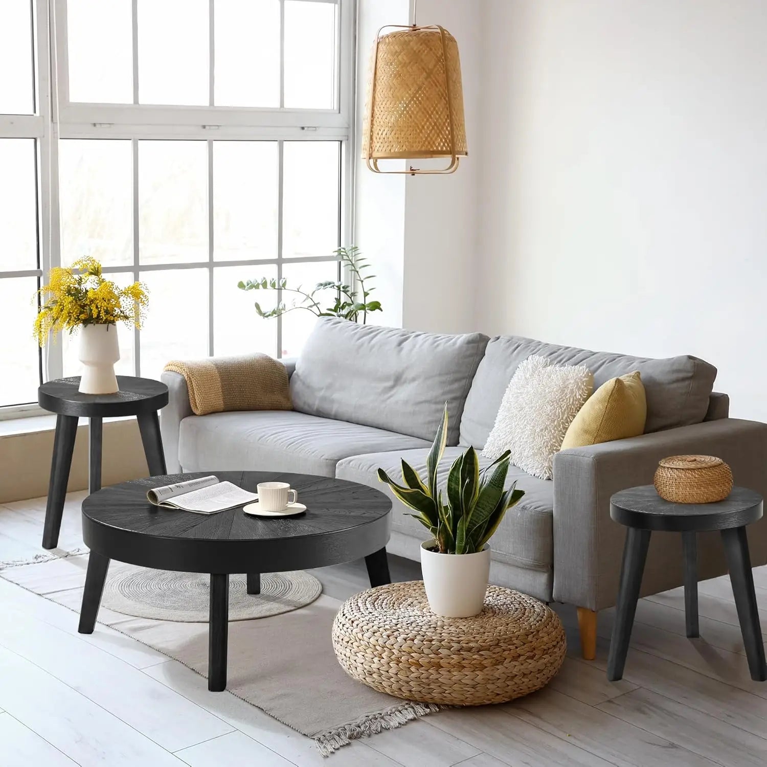 Farmhouse Round Coffee Table Set of 3, Boho Nesting Sofa & Side Tables – Natural Wood Finish