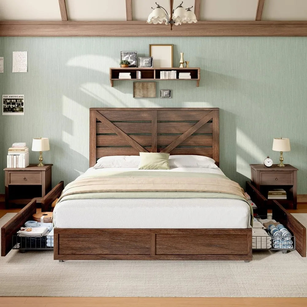 AMERLIFE Queen Size Farmhouse Bed Frame with 4 Drawers, Wooden Storage Bed Frame with Headboard