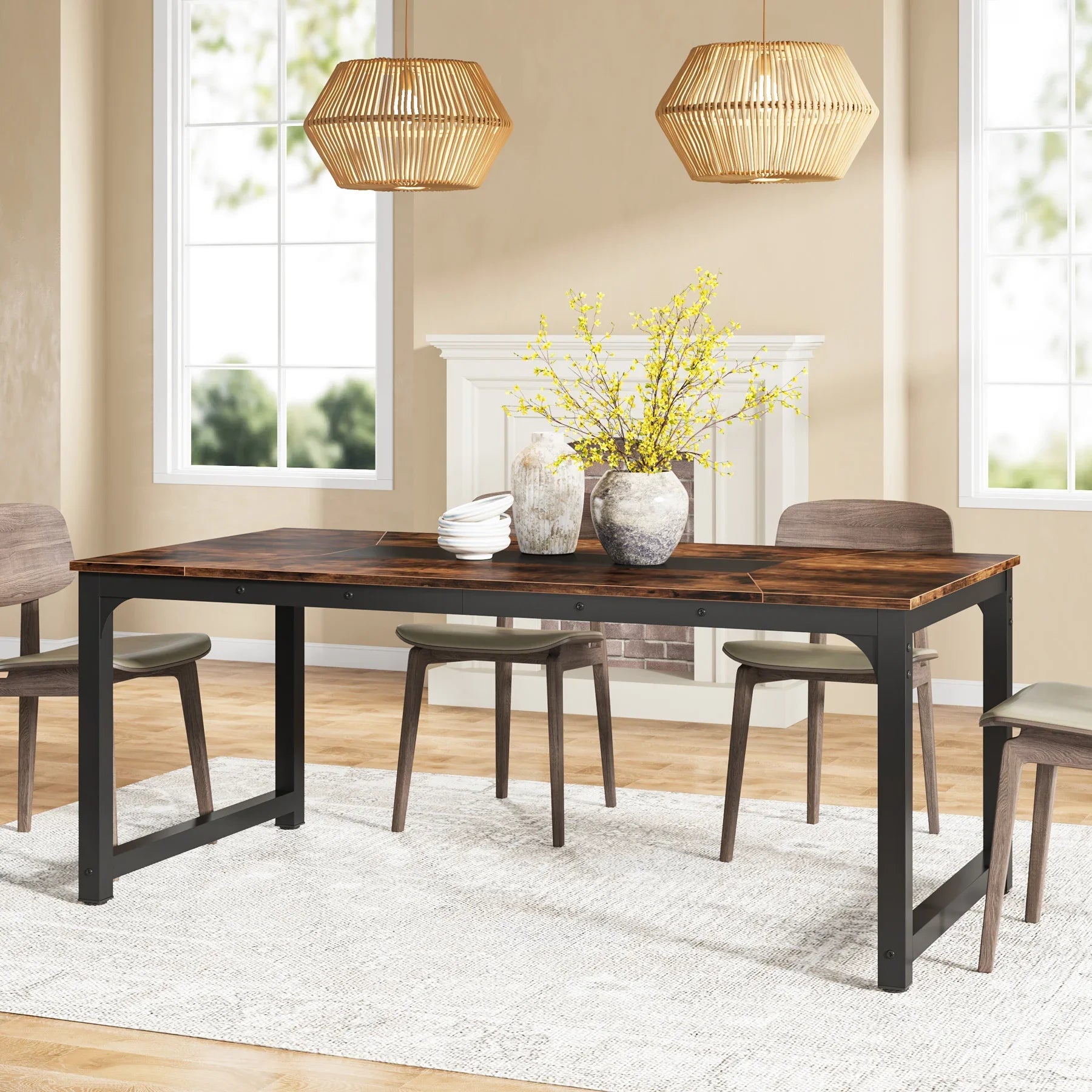 Tribesigns Kitchen Modern Industrial Dining Table for 6-8 Person with Metal Frame
