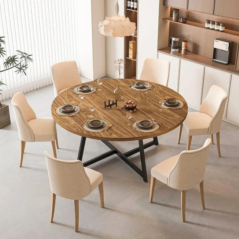 59 INCH Round Dining Table for 4-8, Wood Round Dinner Tables with Industrial Support, Kitchen Table