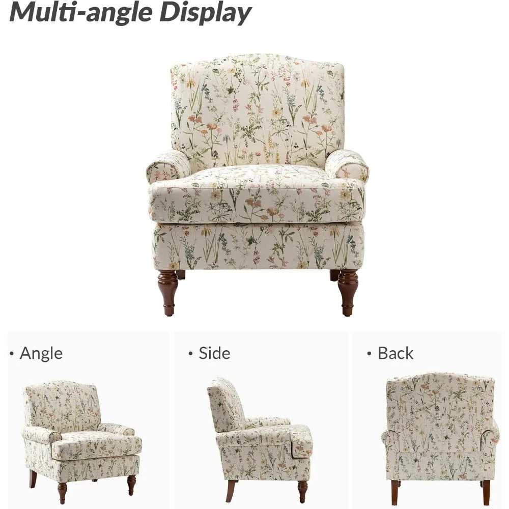 Chair with Solid Legs & Removable Cushion, Floral Comfy Upholstered Armchair, Leisure Single Sofa Chair