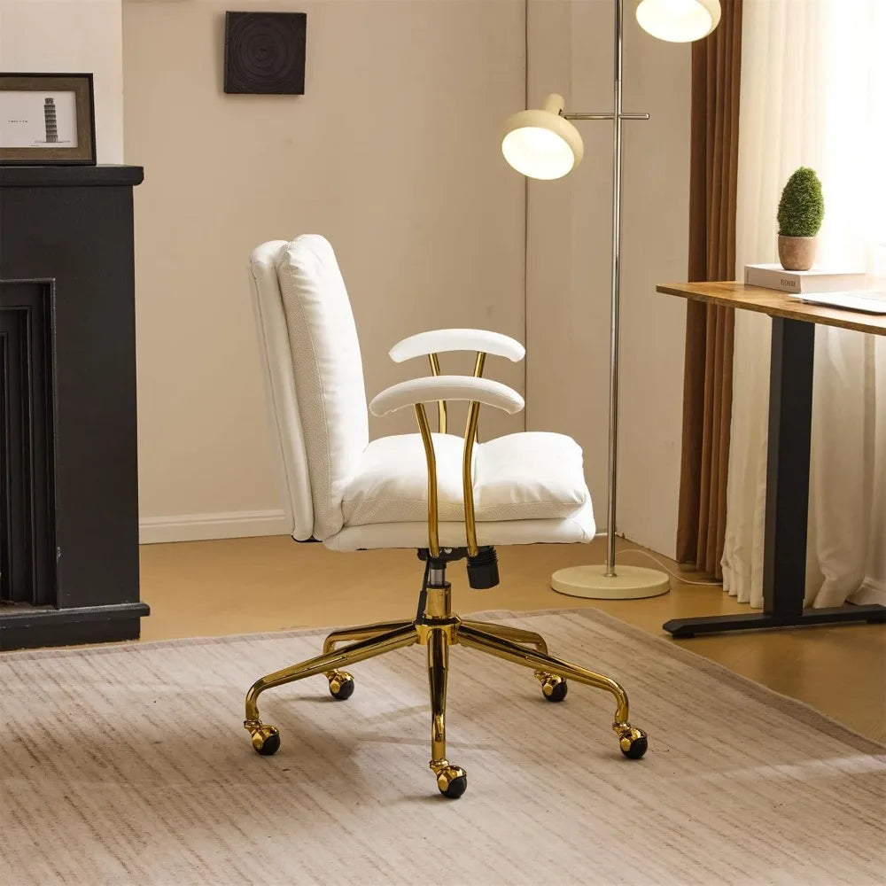 Home Office Desk Chair Comfy with Wheels & Removable Armrests,Gold Base Vanity Chair with Back