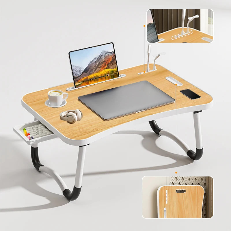 Portable Laptop Desk with USB Light, Small Fan, Cup Holder, Tablet Slot, and Lifting Handle - Foldable
