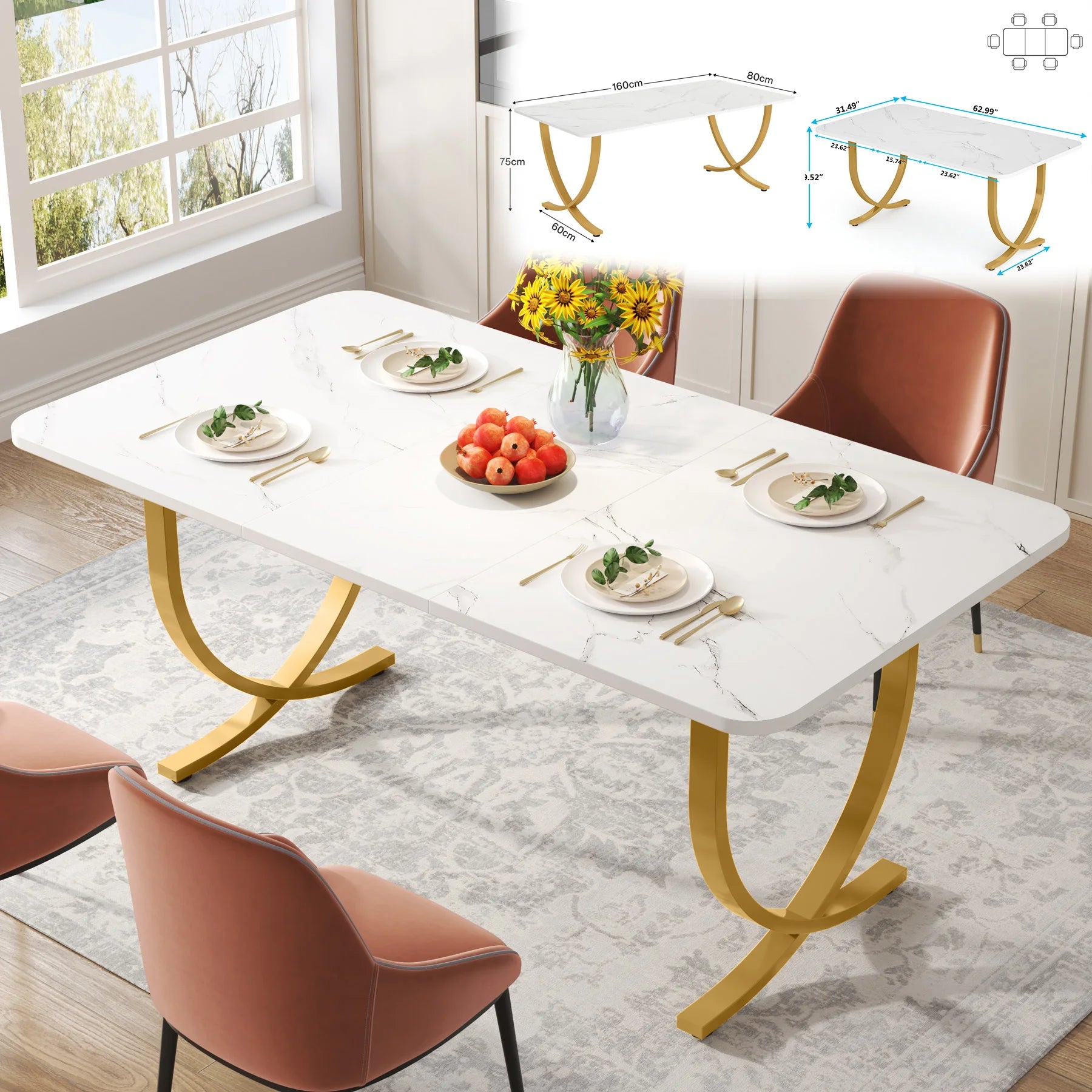 Tribesigns 63-Inch Rectangular Dining Table for 4 to 6, Modern Kitchen Table with Faux Marble Table