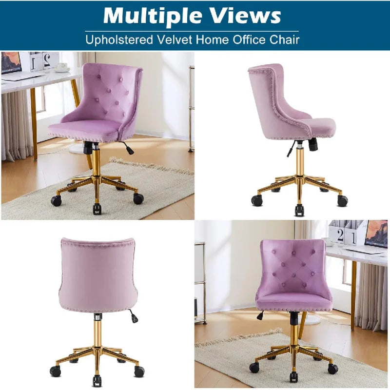 Mauve Purple Armless Home Office Desk Chair with Gold Base/Wheels, Small Cute Vanity/Makeup Chair