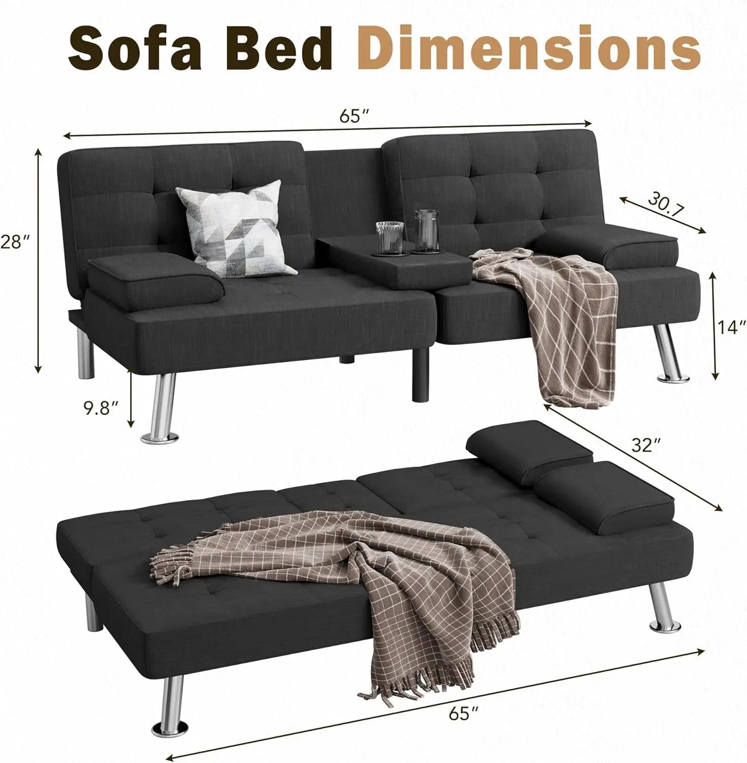 Modern Linen Upholstered Convertible Folding Futon Sofa Bed with Removable Armrests, Metal Legs