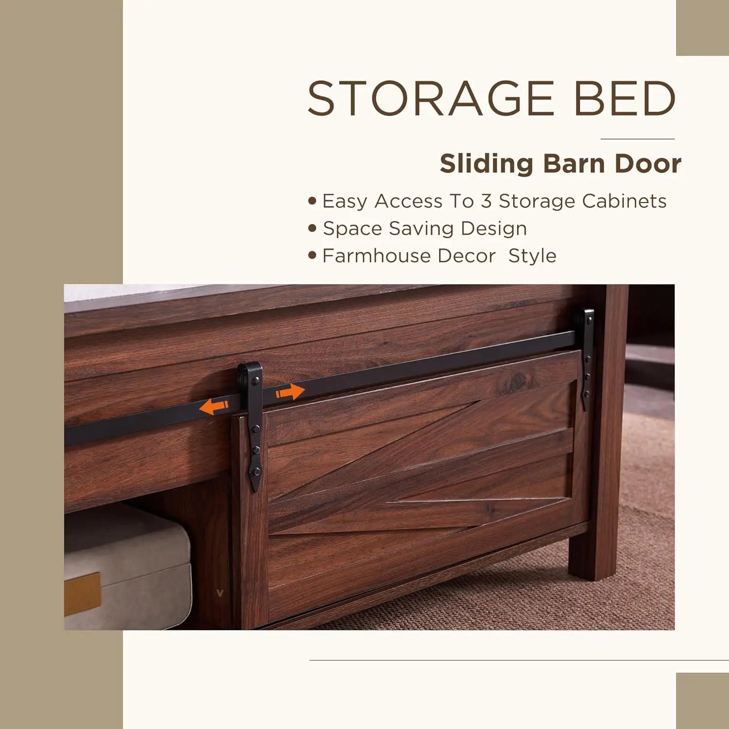 King Farmhouse Wood Bed Frame with Sliding Barn Door Storage Cabinets, Solid Wood Slats Support