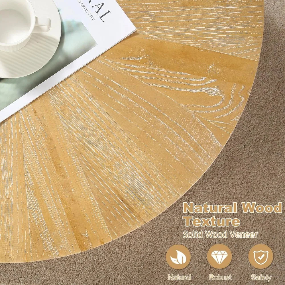Farmhouse Round Coffee Table Set of 3, Boho Nesting Sofa & Side Tables – Natural Wood Finish