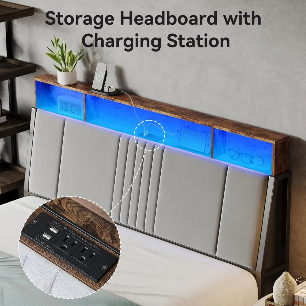 Queen Size Bed Frame with Storage Headboard and Charging Station, Ergonomic Platform Bed Frame