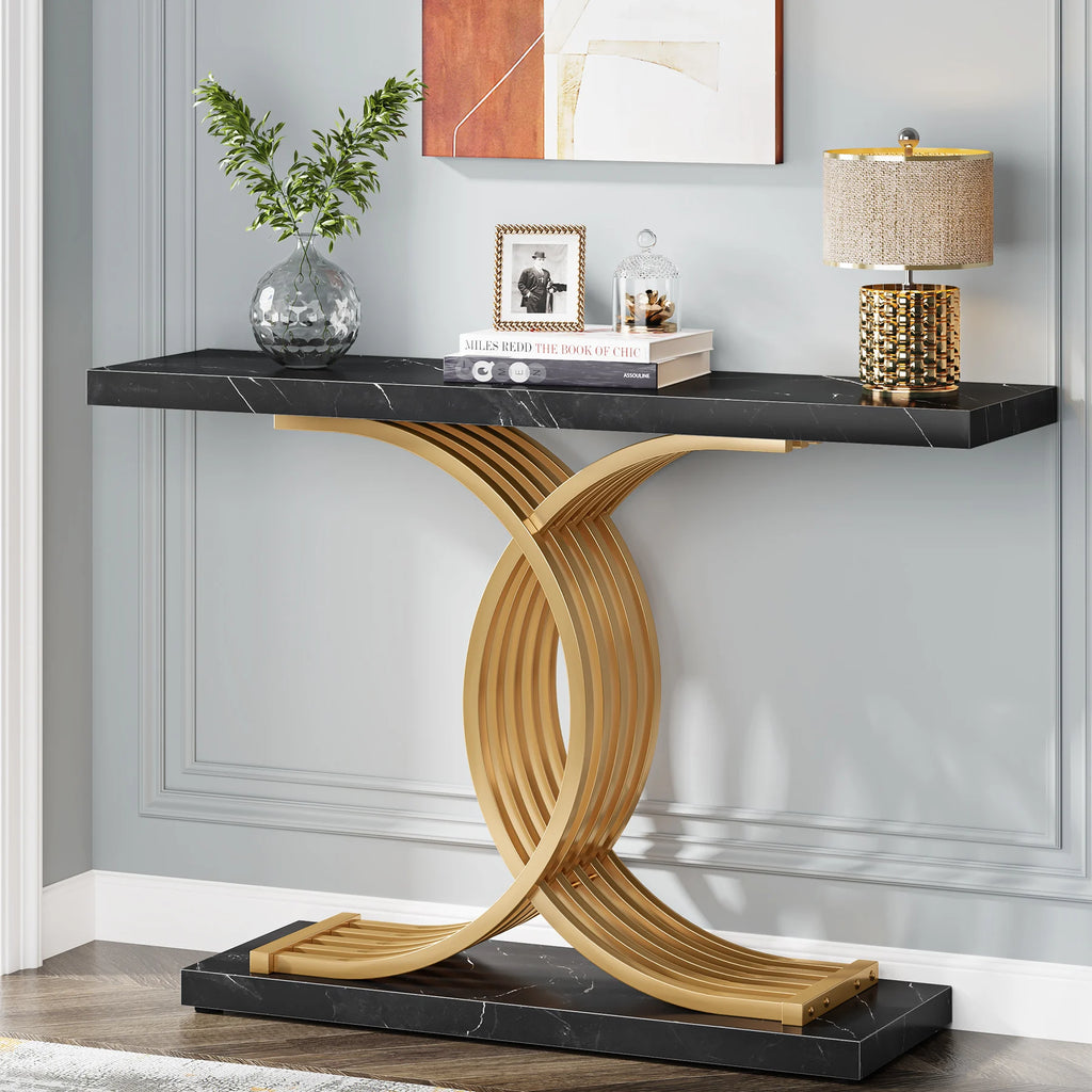 Tribesigns Gold Entryway Table, Modern 39-Inch Console Faux Marble Narrow Wood Sofa with Geometric