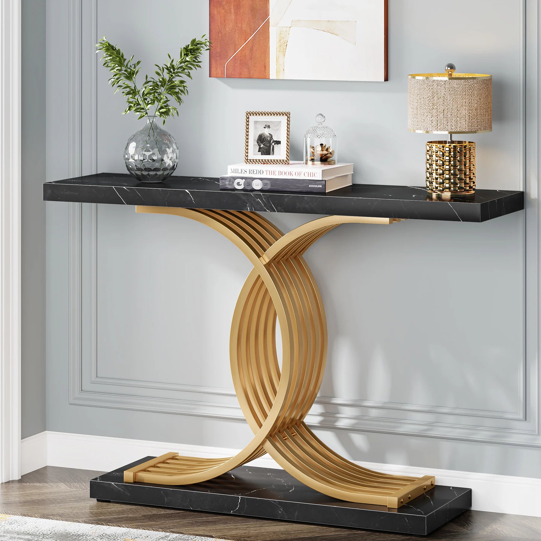 Tribesigns Gold Entryway Table, Modern 39-Inch Console Faux Marble Narrow Wood Sofa with Geometric