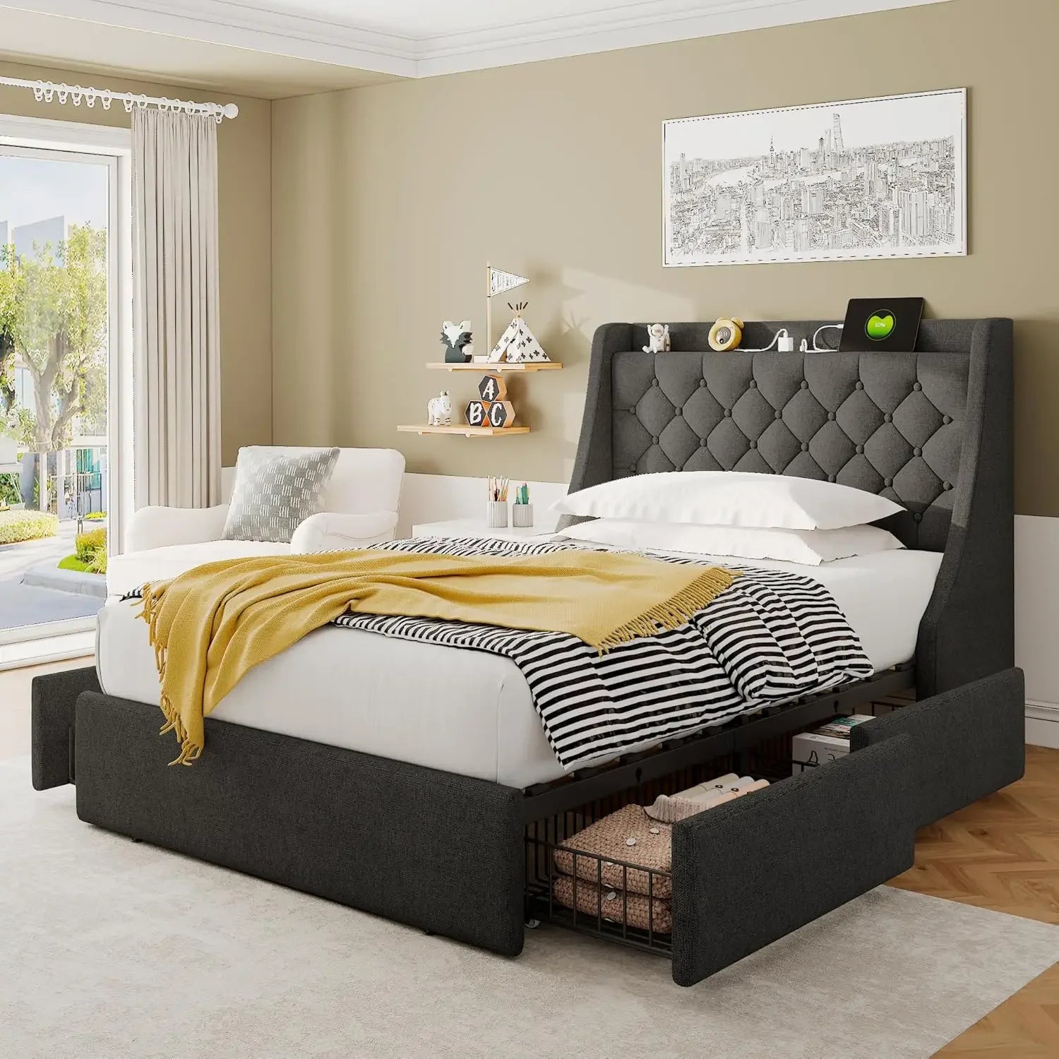 Bed Frame with 4 Storage Drawers, Upholstered Platform Bed Frame with Type-C & USB Ports, Wingback