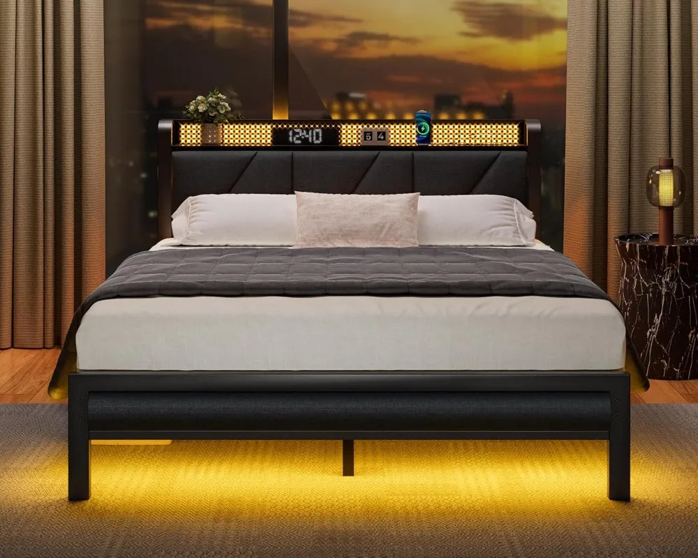 Queen Size Bed Frame with Headboard and LED Lights, Upholstered Bedframe with Charging Station