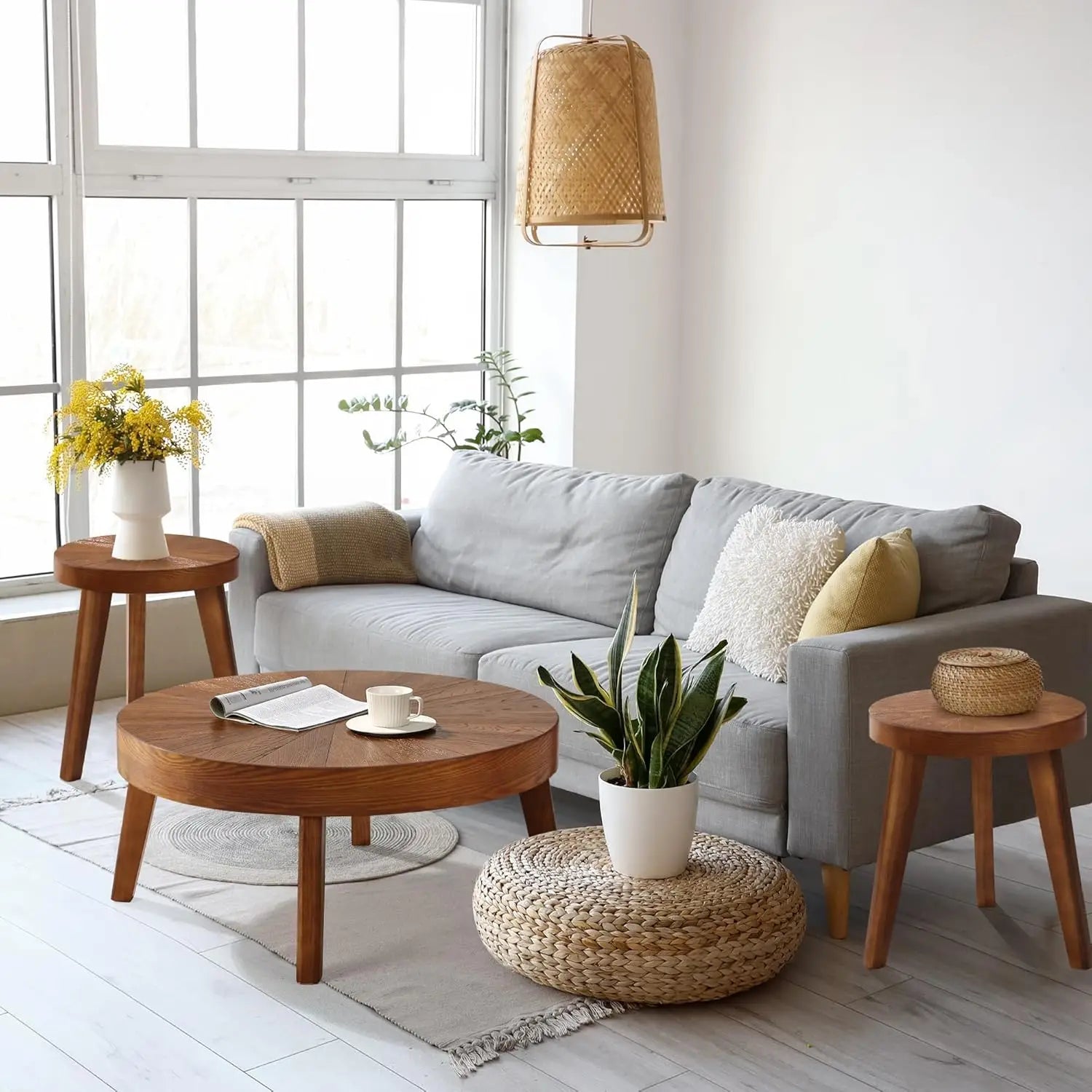 Farmhouse Round Coffee Table Set of 3, Boho Nesting Sofa & Side Tables – Natural Wood Finish