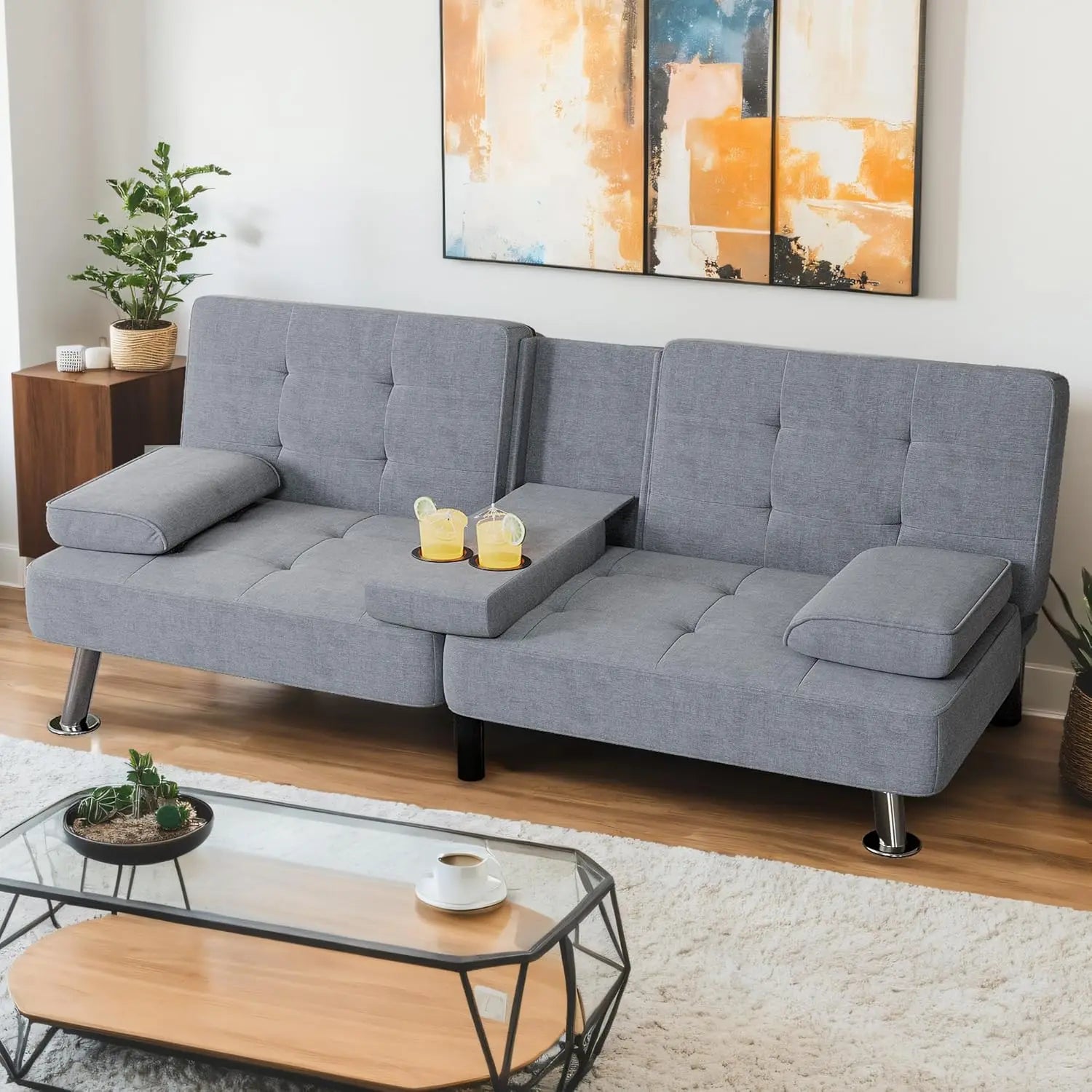 Modern Linen Upholstered Convertible Folding Futon Sofa Bed with Removable Armrests, Metal Legs