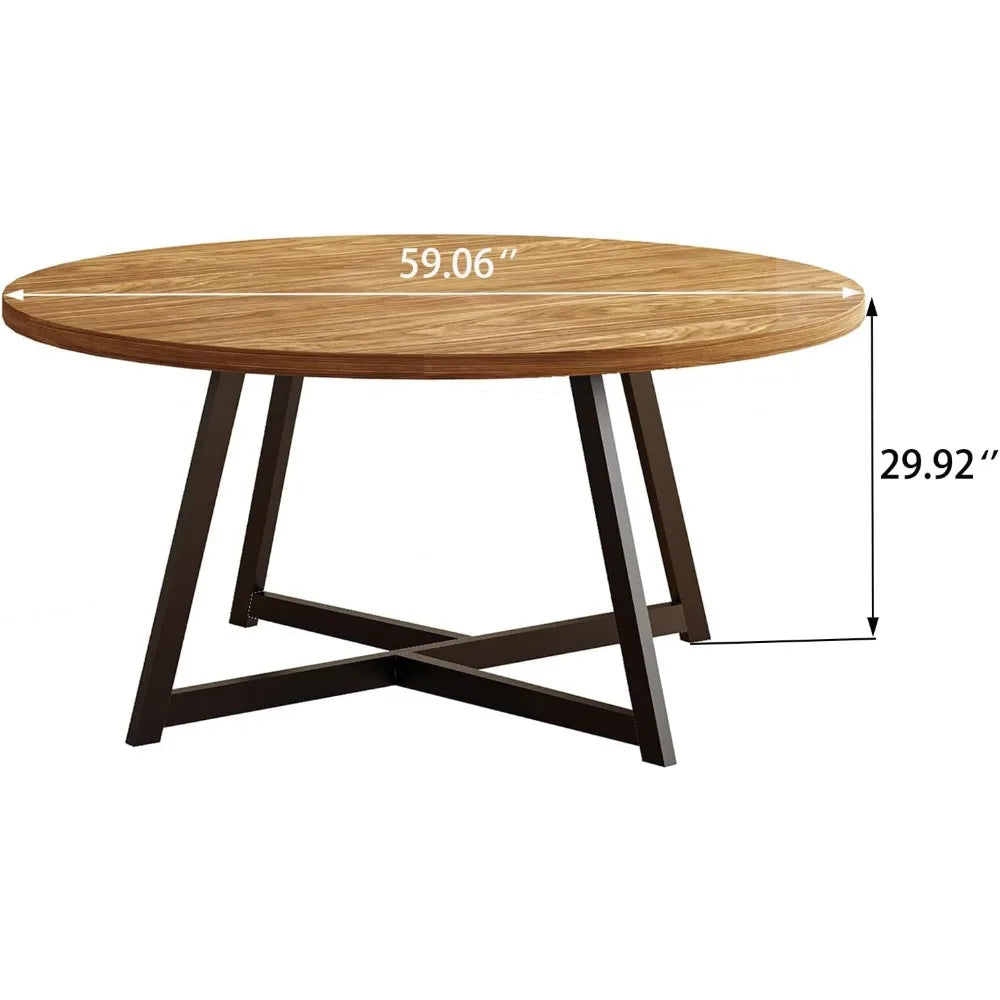 59 INCH Round Dining Table for 4-8, Wood Round Dinner Tables with Industrial Support, Kitchen Table