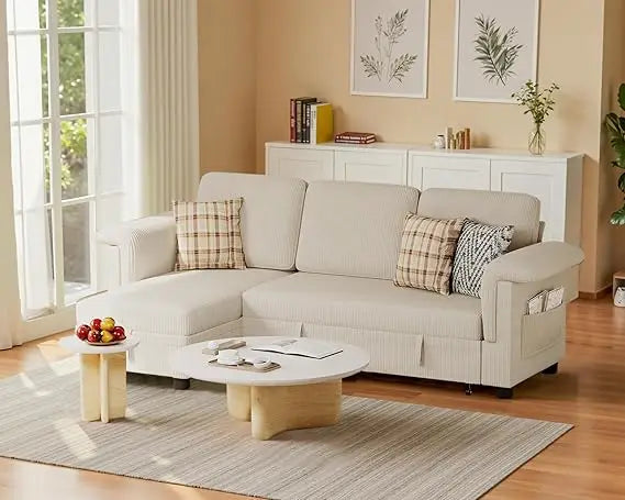 Sleeper Sofa, Pull Out Sofa Couch Bed with Storage Reversible Chaise, L-Shaped Sofas with Side Pocket