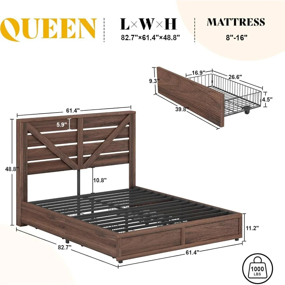 AMERLIFE Queen Size Farmhouse Bed Frame with 4 Drawers, Wooden Storage Bed Frame with Headboard