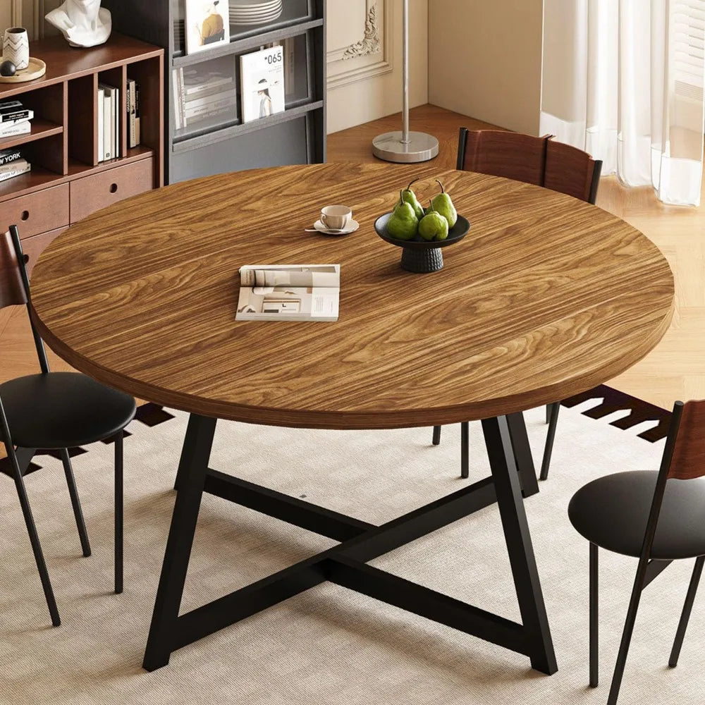 59 INCH Round Dining Table for 4-8, Wood Round Dinner Tables with Industrial Support, Kitchen Table
