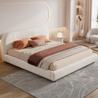 King Size Teddy Fleece Thick Fabric Upholstered Platform Bed with Curved Shaped Headboard, Wood Bed Frame