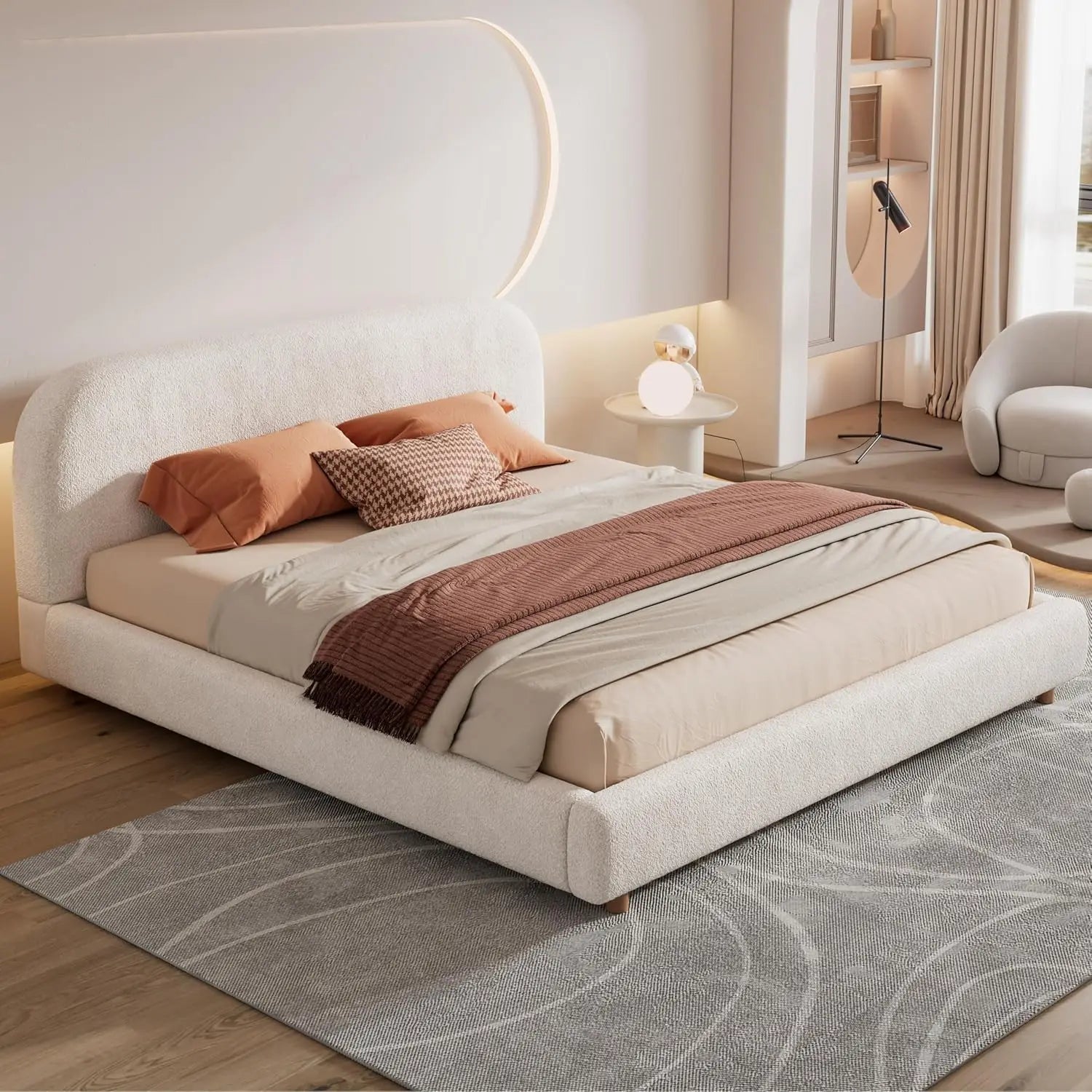 King Size Teddy Fleece Thick Fabric Upholstered Platform Bed with Curved Shaped Headboard, Wood Bed Frame