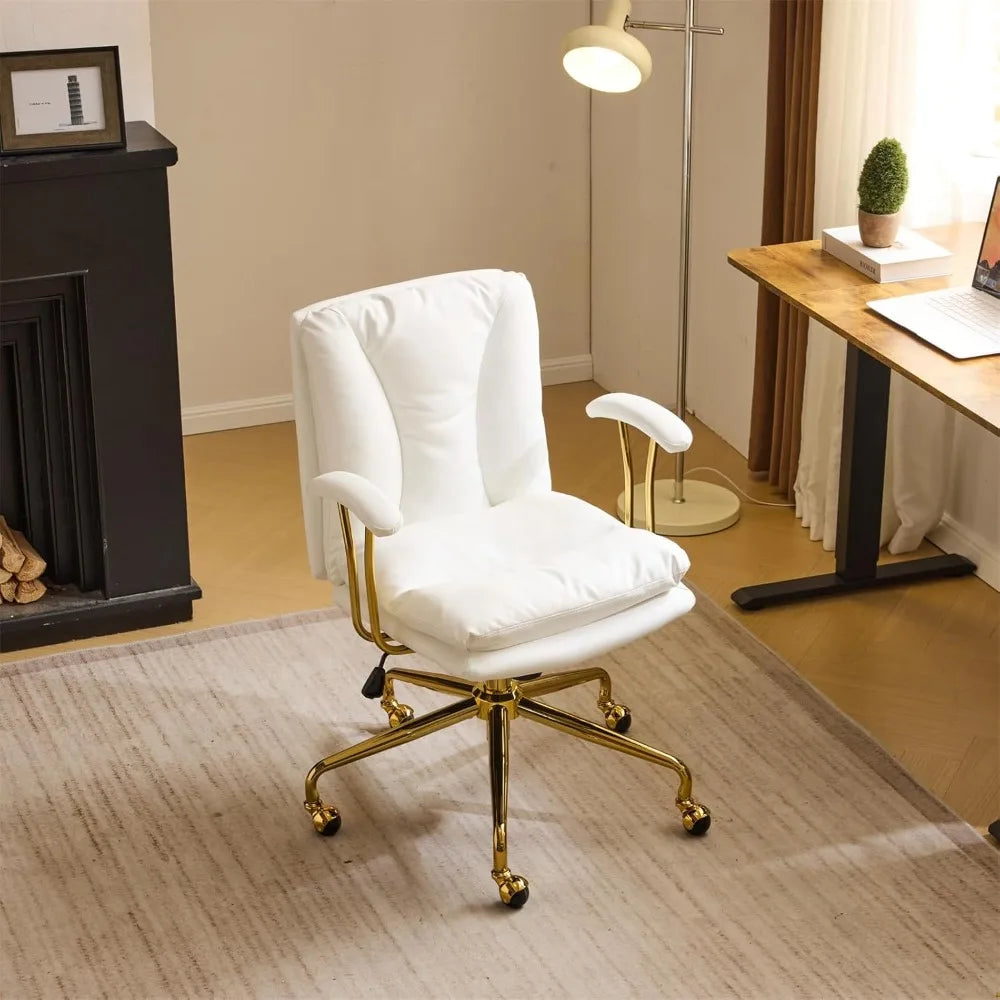Home Office Desk Chair Comfy with Wheels & Removable Armrests,Gold Base Vanity Chair with Back