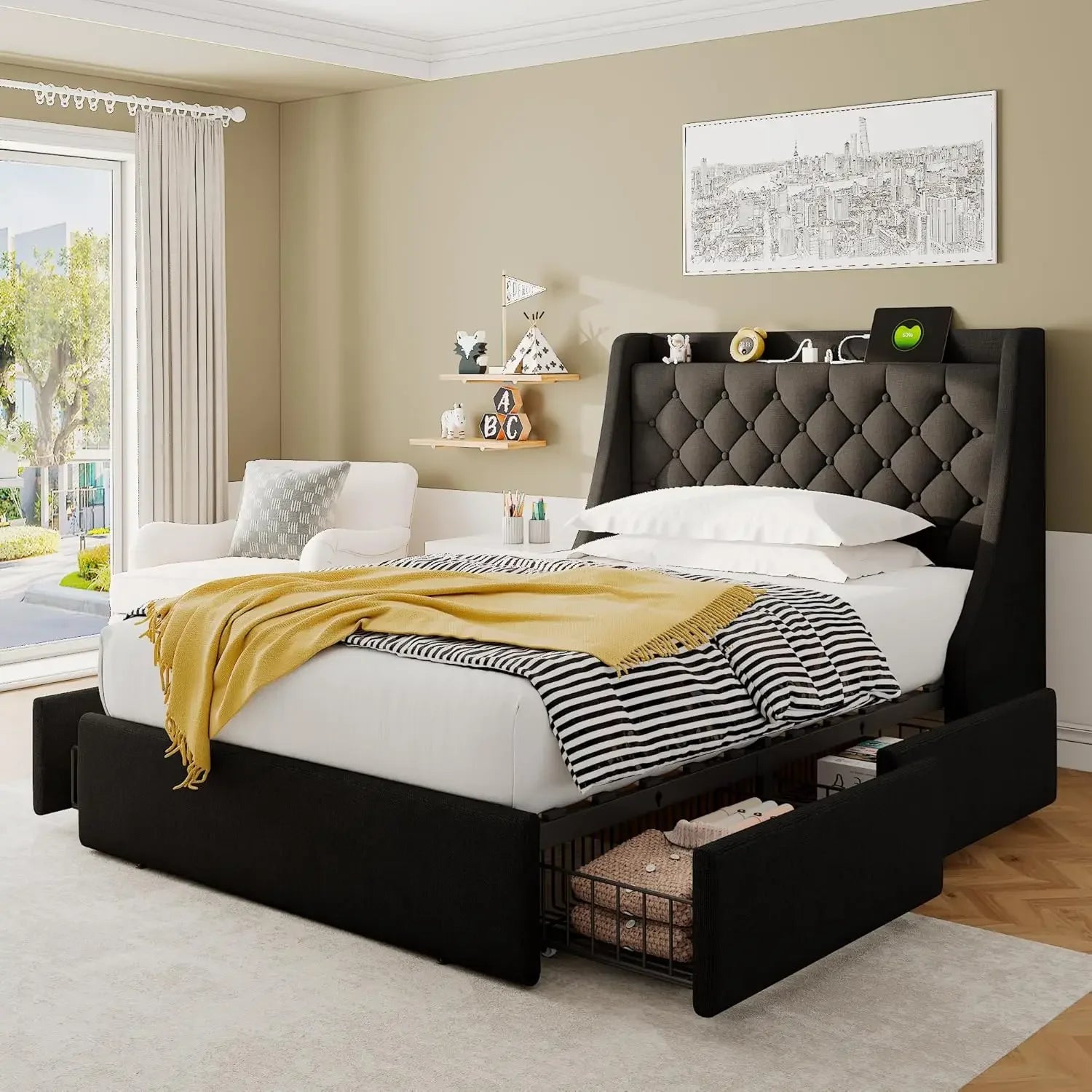 Bed Frame with 4 Storage Drawers, Upholstered Platform Bed Frame with Type-C & USB Ports, Wingback