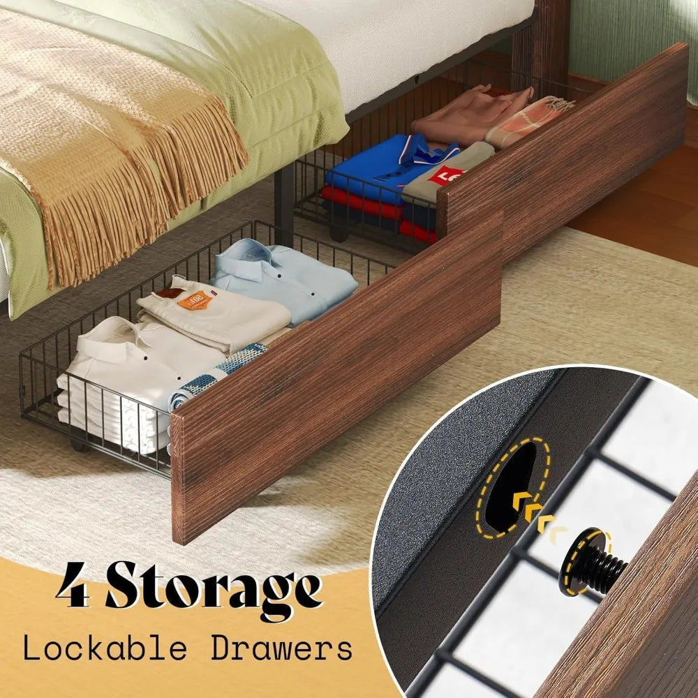 AMERLIFE Queen Size Farmhouse Bed Frame with 4 Drawers, Wooden Storage Bed Frame with Headboard