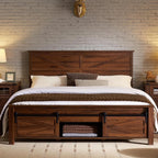 King Farmhouse Wood Bed Frame with Sliding Barn Door Storage Cabinets, Solid Wood Slats Support