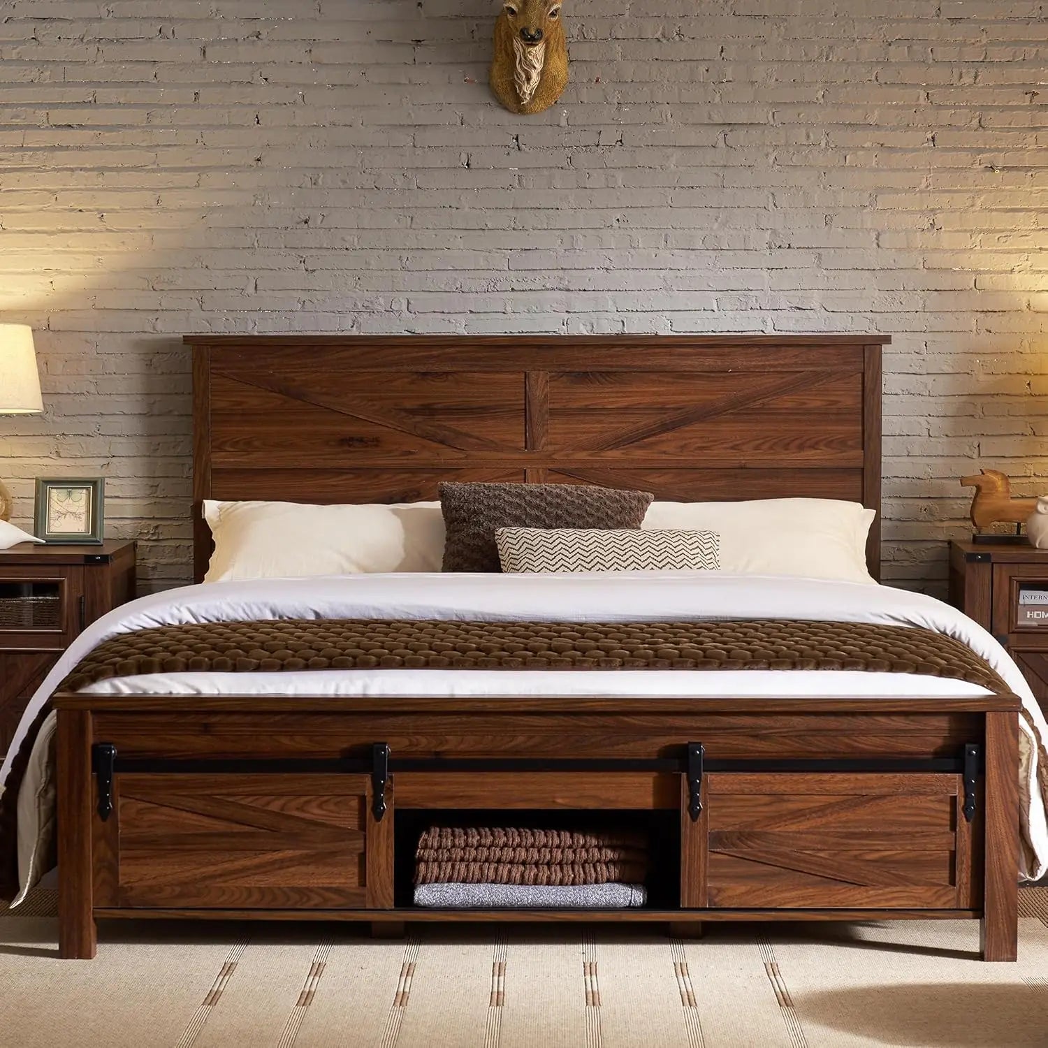 King Farmhouse Wood Bed Frame with Sliding Barn Door Storage Cabinets, Solid Wood Slats Support