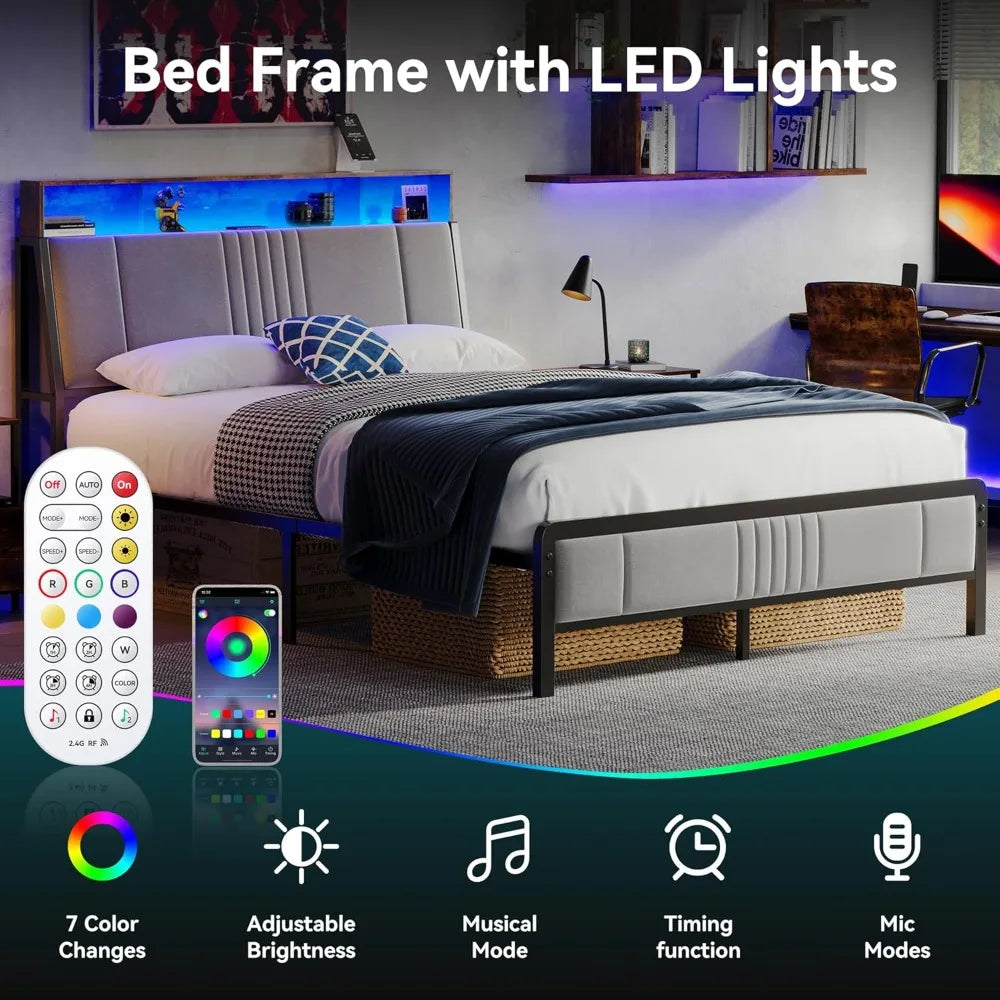 Queen Size Bed Frame with Storage Headboard and Charging Station, Ergonomic Platform Bed Frame