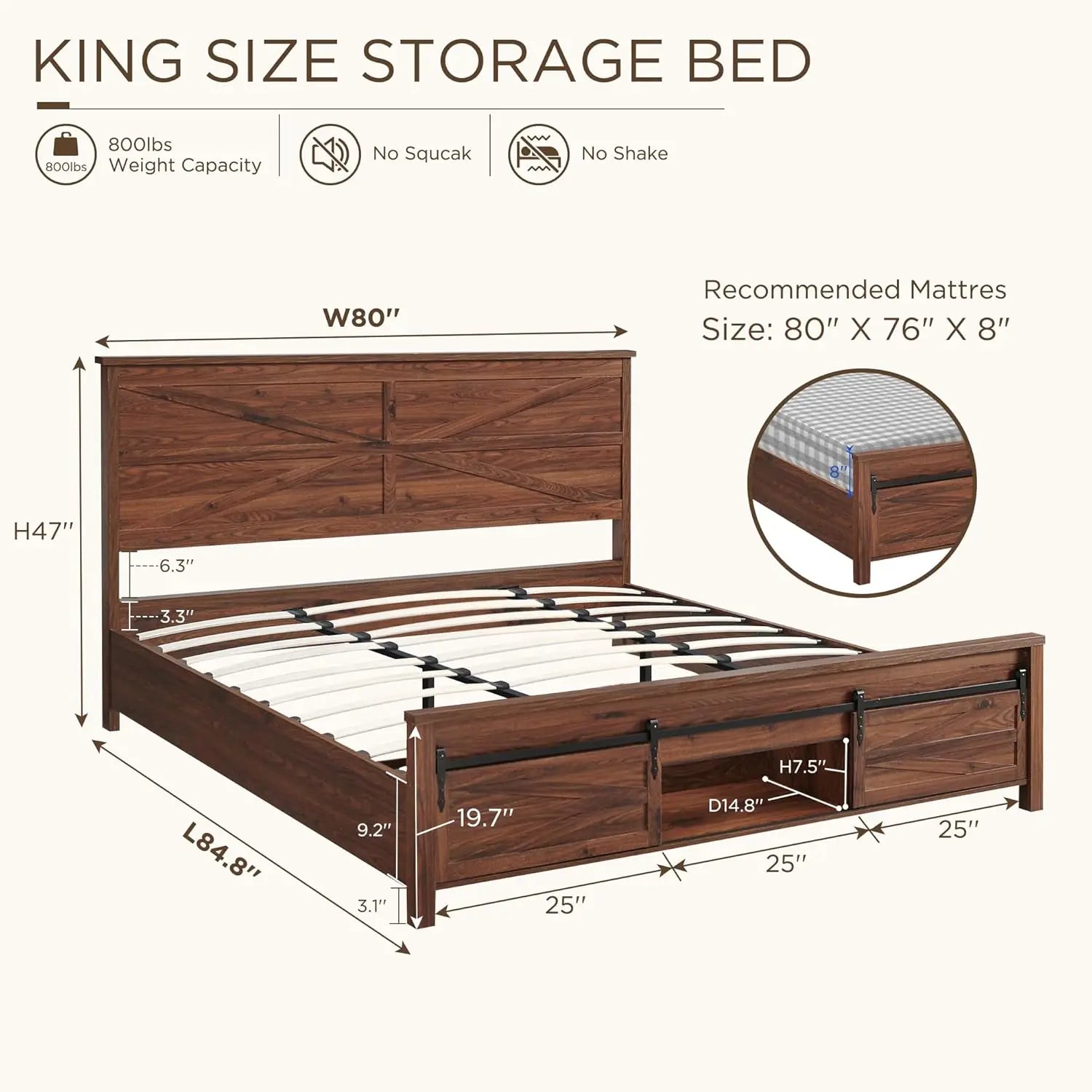 King Farmhouse Wood Bed Frame with Sliding Barn Door Storage Cabinets, Solid Wood Slats Support