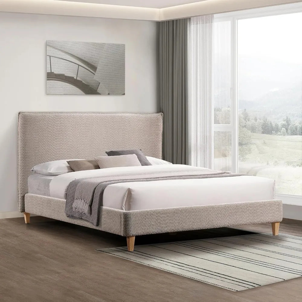 Boucle Upholstered Platform Bed Frame Queen Size with Headboard, Mattress Foundation/Strong Wooden