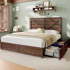 AMERLIFE Queen Size Farmhouse Bed Frame with 4 Drawers, Wooden Storage Bed Frame with Headboard