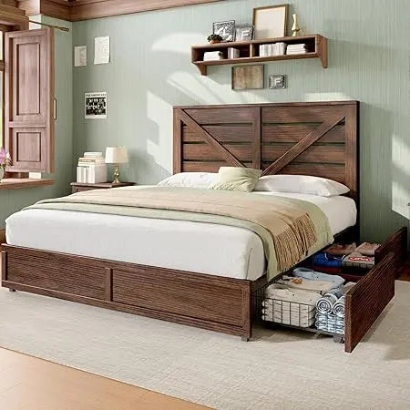 AMERLIFE Queen Size Farmhouse Bed Frame with 4 Drawers, Wooden Storage Bed Frame with Headboard