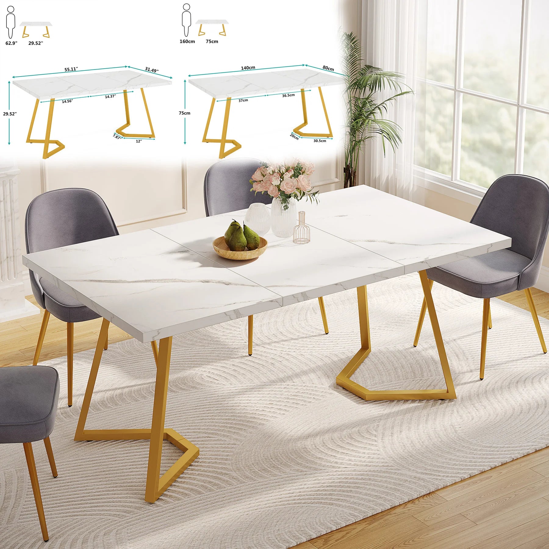 Tribesigns 63-Inch Rectangular Dining Table for 4 to 6, Modern Kitchen Table with Faux Marble Table