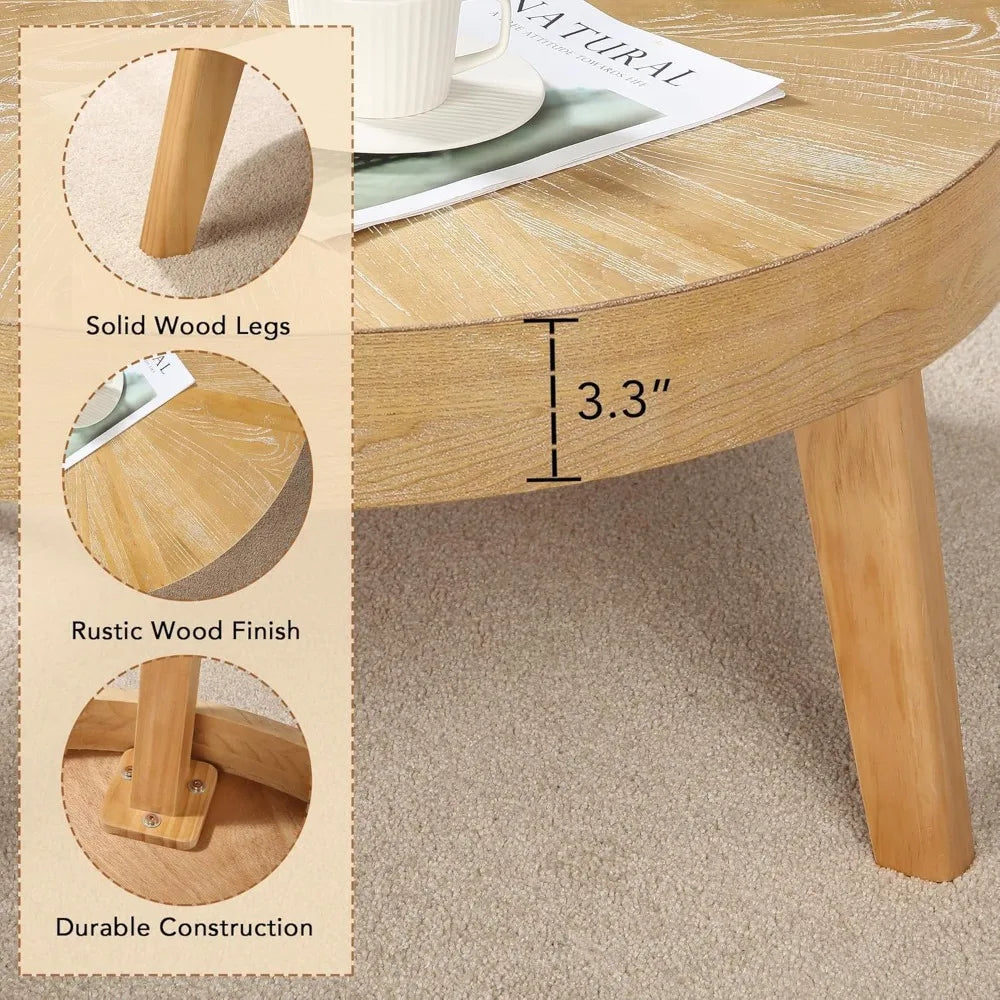 Farmhouse Round Coffee Table Set of 3, Boho Nesting Sofa & Side Tables – Natural Wood Finish